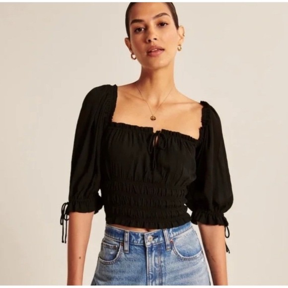 Abercrombie Brown Stringy Ruched Milkmaid Puff Sleeve Cropped Blouse - Picture 7 of 9